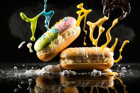 Pair of eclairs with colorful splashes on black backgroundの素材