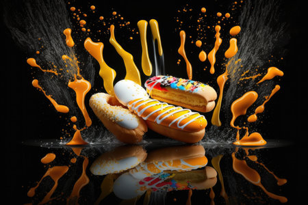Eclairs with colorful splashes on a black backgroundの素材