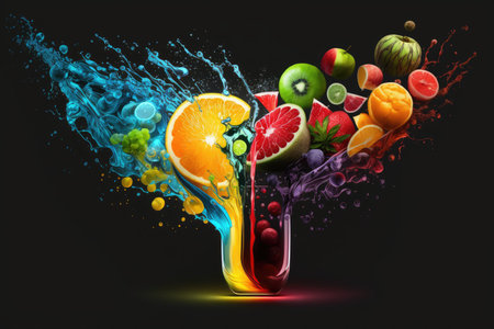 Fruit mix in water splash on black backgroundの素材