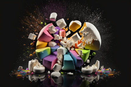 Pieces of broken colorful marshmallow with splashes on black backgroundの素材