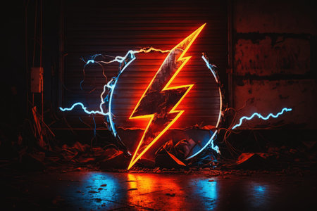 Neon lightning bolt in a dark abandoned buildingの素材