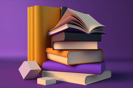 Stack of books on purple background. education conceptの素材