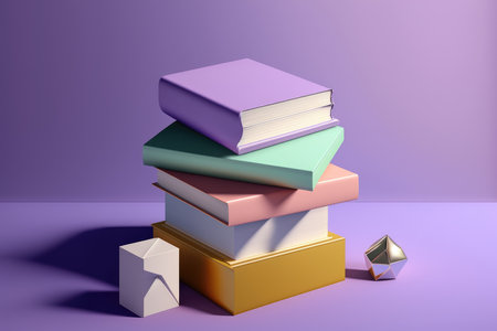 Stack of books on a purple backgroundの素材