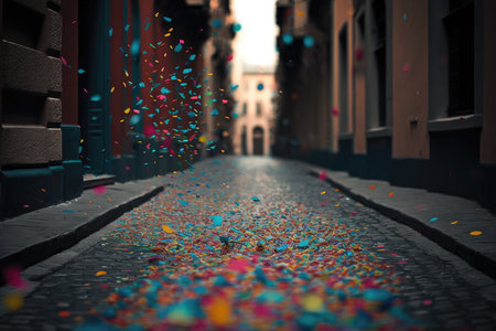 Colorful confetti falling on the streetの素材