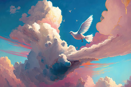 Pigeon flying in the sky with cloudsの素材