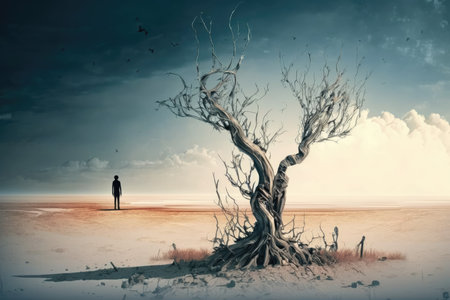 Lonely man standing in the desert with a tree in the foregroundの素材