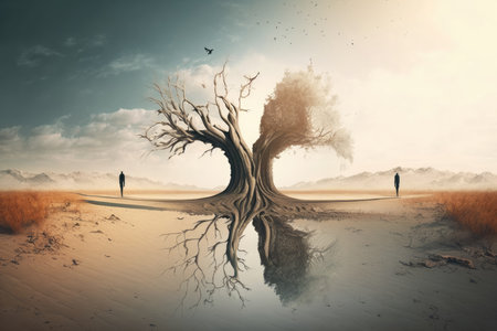 Conceptual image of a man and a tree in the desertの素材
