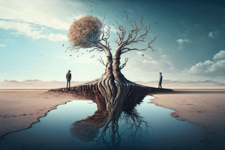 Illustration of a man with a tree in the desertの素材