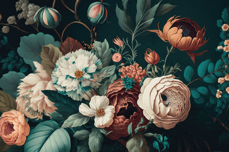 Vintage floral background with flowers, leaves and branches in retro styleの素材