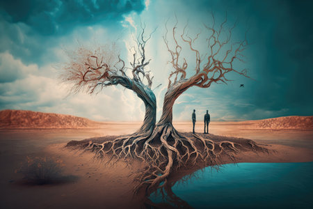 Illustration of a man and woman with a tree in the desertの素材