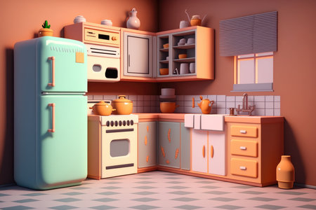 Kitchen interior with refrigerator and ovenの素材
