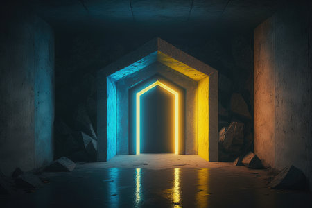 Entrance to a dark room with neon lightsの素材