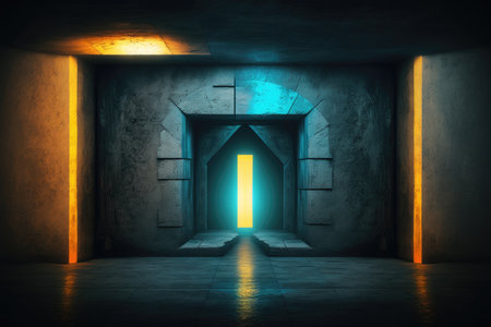 Futuristic dark corridor with glowing entrance doorの素材