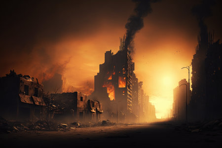 Burning buildings in the city at nightの素材