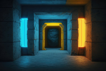 Futuristic corridor with glowing neon lightsの素材