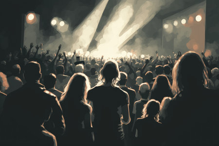 Crowd in front of a concert stage at a music festivalの素材