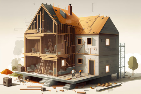 House under construction with a wooden frameの素材