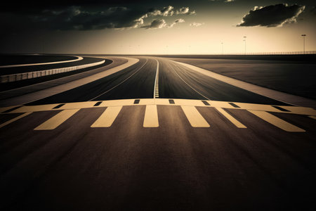 Asphalt road with markings and sunset sky, concept of speed and motionの素材