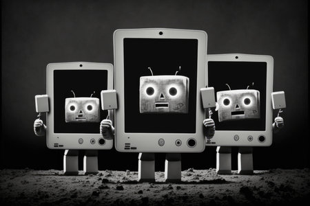 Robots with smiley faces on a digital tabletの素材