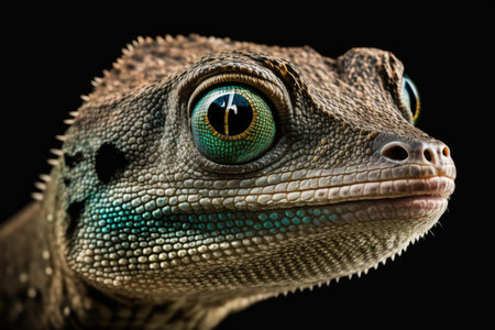 Close up portrait of a gecko on black backgroundの素材