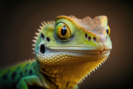 Close-up portrait of a chameleon on a dark backgroundの素材