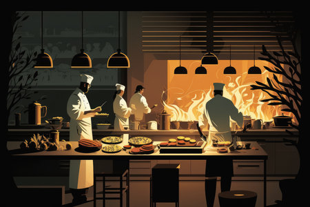 Illustration of a chef cooking in the kitchen at nightの素材