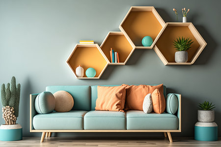 Interior of modern living room with blue sofa, bookshelf and shelvesの素材