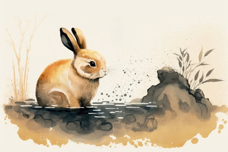 Watercolor painting of a rabbit in the riverの素材