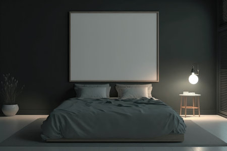 Dark bedroom interior with empty posterの素材