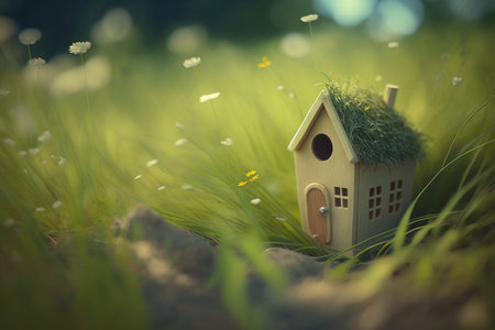 Little wooden house in the green grass on the background of daisiesの素材