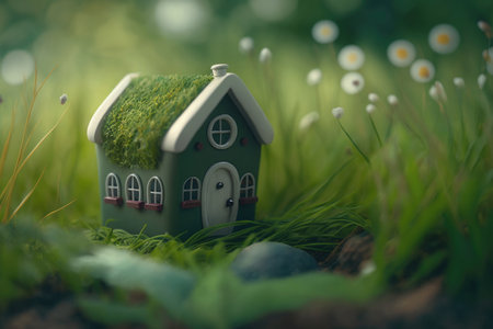 Little green house in the grass with daisies, vintage styleの素材
