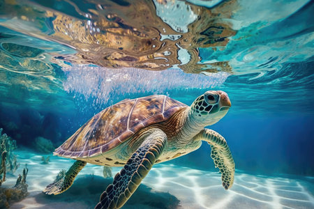Hawaiian Green Sea Turtle swimming underwater in a tropical coral reefの素材