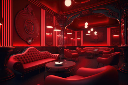 Night club interior with a red sofa and a coffee tableの素材