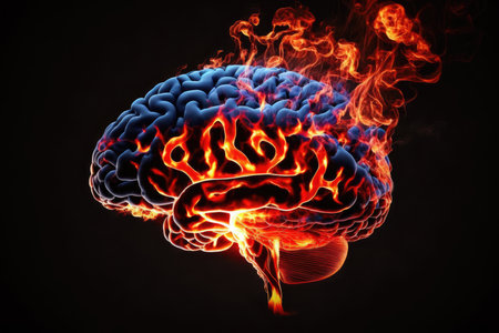 Brain with fire effect on a black backgroundの素材