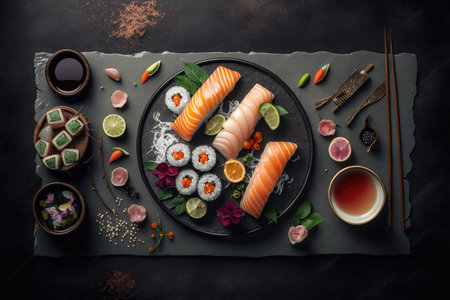 Sushi set on black background, top view. Japanese foodの素材