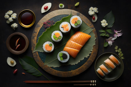 Sushi set on background table. Top view, flat layの素材