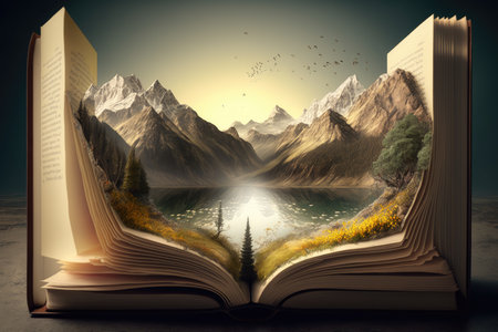 Open book with mountain landscape and lake in the backgroundの素材