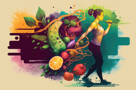 Fitness woman with fresh fruits and vegetables. healthy lifestyleの素材