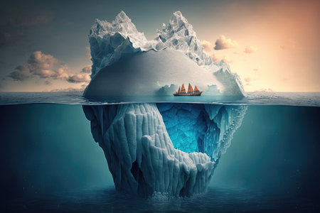 Iceberg floating in the ocean with a sailboatの素材