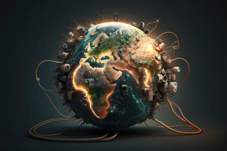 Earth planet surrounded by network cablesの素材