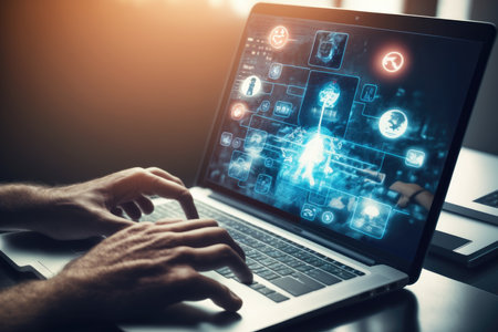 Businessman using laptop with digital business interface on screen. technology and communication conceptの素材