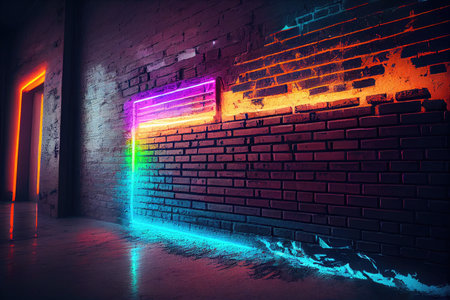 Colorful neon lights in dark room with brick wallの素材