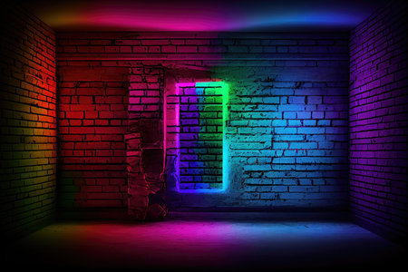 Door in a dark room with neon lightsの素材
