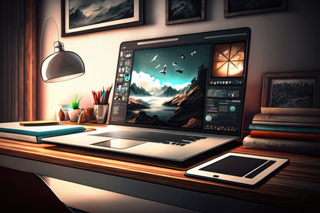 Laptop and tablet pc on a tableの素材