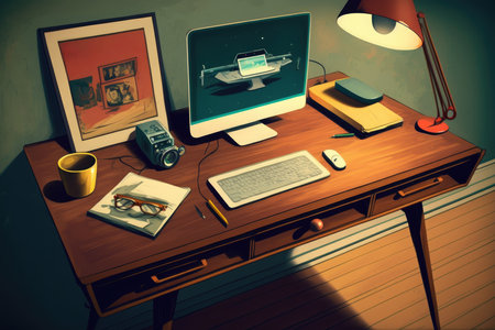 computer on the table. Photo in retro styleの素材