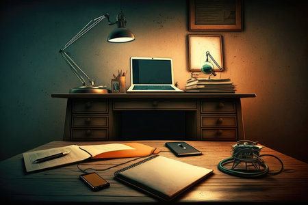 Working place with computer, lamp, notebook and mobile phone on wooden tableの素材