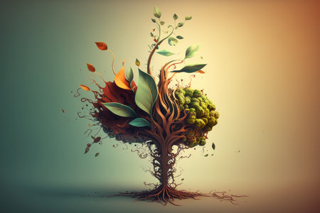 Abstract tree with green leaves and rootsの素材