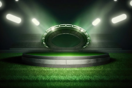 Stadium with green grass and spotlightsの素材