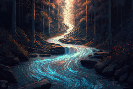 Mysterious dark forest with a stream and glowing lightsの素材
