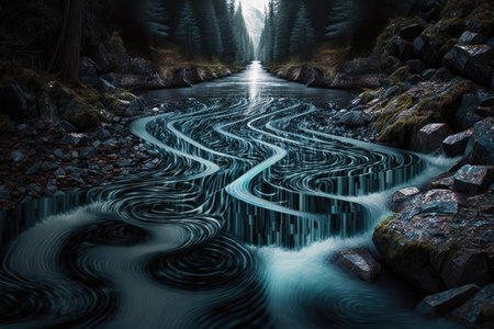 Mountain river in the forest at nightの素材